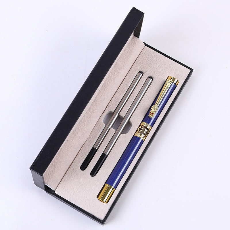 Dark Blue Two-piece Set Luxury Retro Dragon Head Signature Pen Gift Set - Full Metal 0.5mm Rollerball Each Set with 2 Spare Refills for Business and Gifting