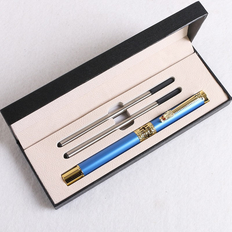 Light Blue Two-piece Set Luxury Retro Dragon Head Signature Pen Gift Set - Full Metal 0.5mm Rollerball Each Set with 2 Spare Refills for Business and Gifting