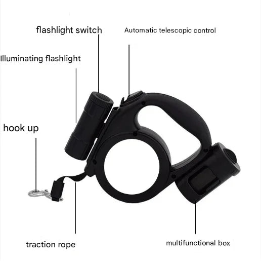 Black 3-in-1 Retractable Dog Leash with LED Flashlight and Waste Bag Dispenser 5m Nylon Lead for Dogs up to 20kg Essential Pet Walking Gear