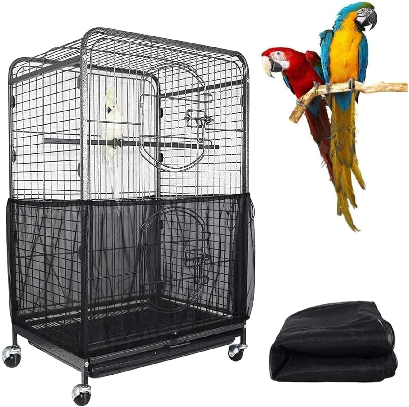 XL Black【Height 37, Circumference 220】 Large Bird Cage Seed Catcher Net Cover - Adjustable Mesh Guard Splash-Proof Dust Cover for Indoor Outdoor Cages