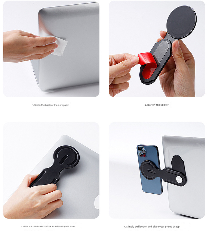 Black Magnetic Laptop Phone Holder Side Mount Expansion Bracket Slim 6mm Foldable Stand with Metal Ring for Dual Screen Work Office Setup