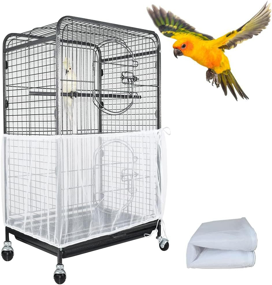 S White【Height 17, Circumference 110】 Large Bird Cage Seed Catcher Net Cover - Adjustable Mesh Guard Splash-Proof Dust Cover for Indoor Outdoor Cages