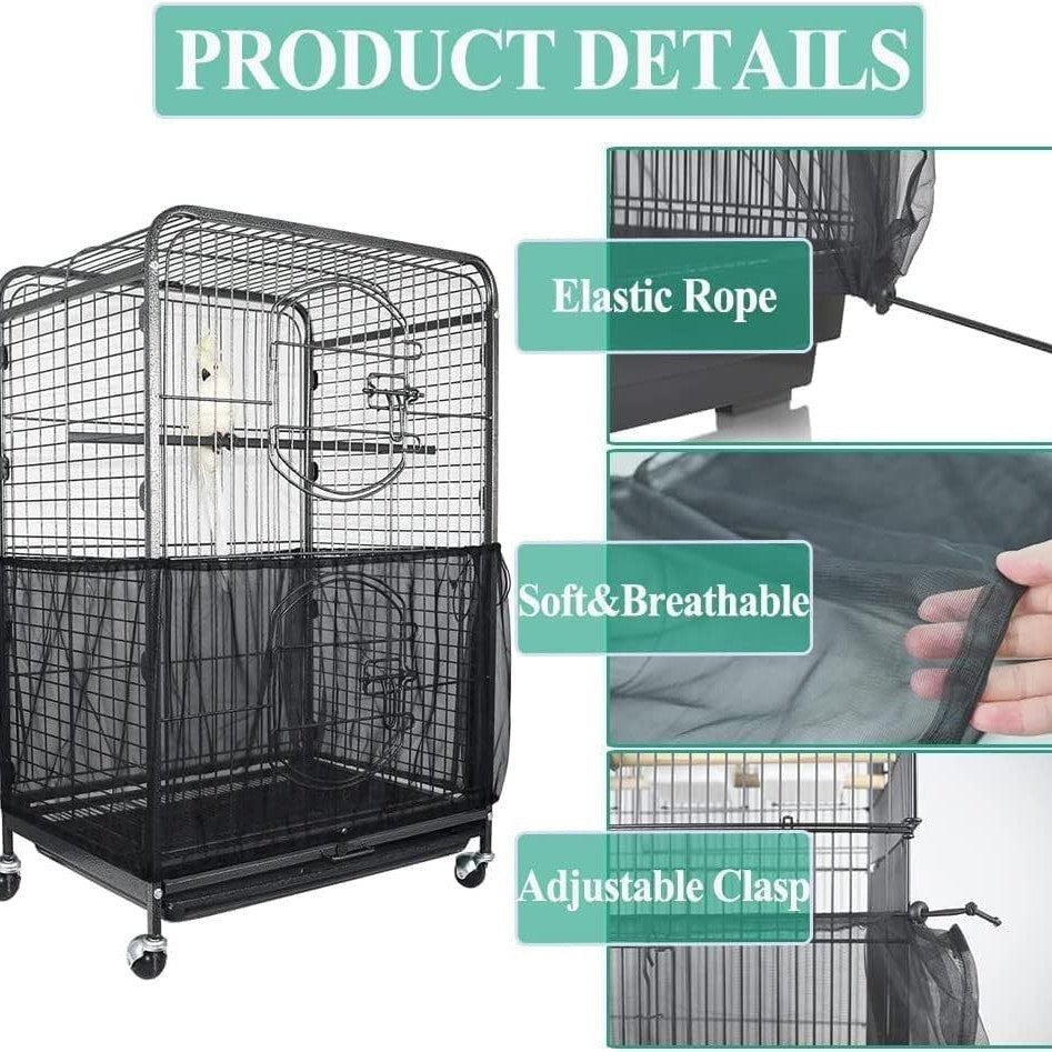 S White【Height 17, Circumference 110】 Large Bird Cage Seed Catcher Net Cover - Adjustable Mesh Guard Splash-Proof Dust Cover for Indoor Outdoor Cages