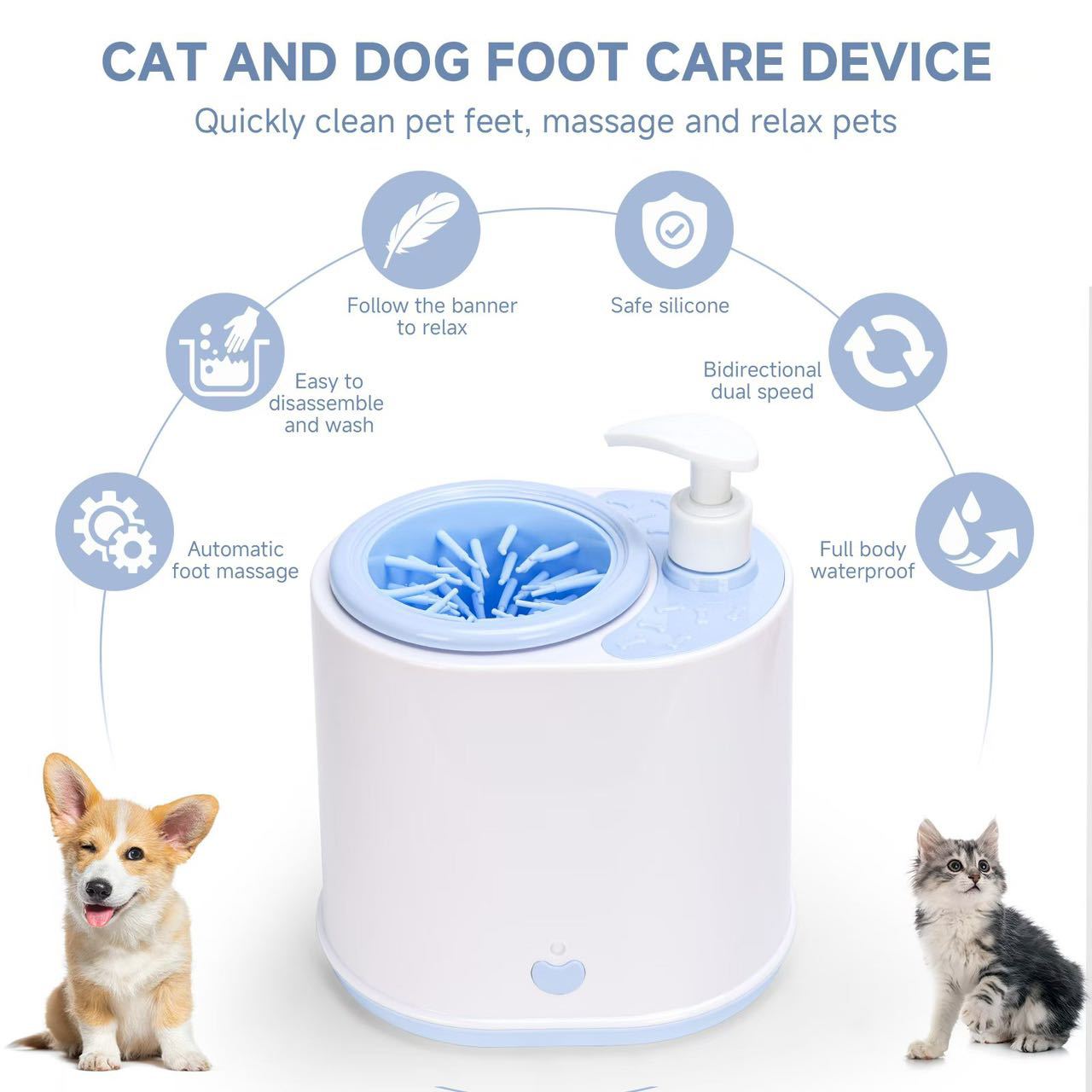 Blue Electric Pet Paw Cleaner Automatic Dog Foot Washer Cup with Built-in Soap Dispenser Soft Silicone Massage Bristles for Small Dogs & Cats