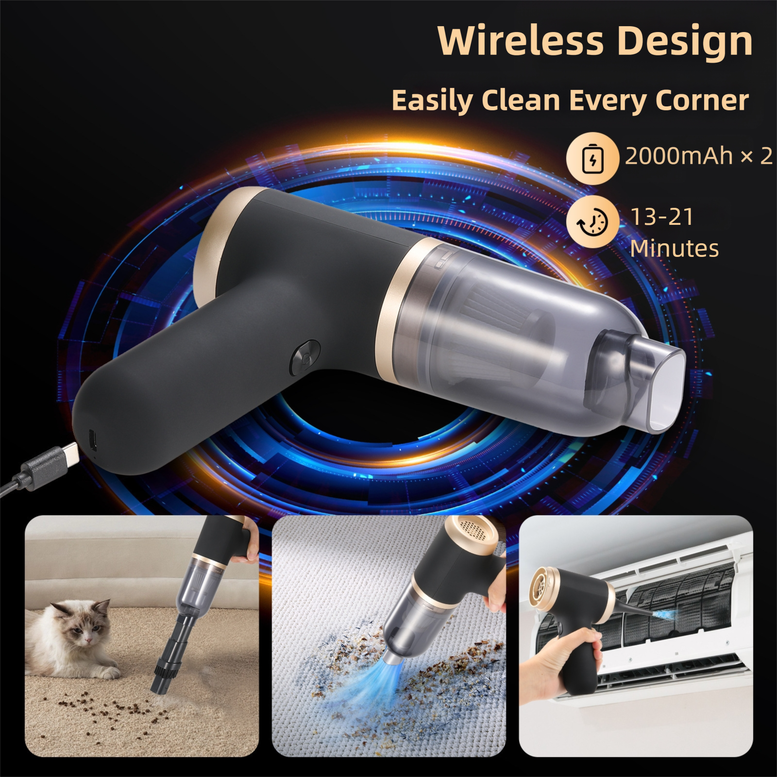 Black Portable 2-in-1 Cordless Vacuum Duster Kit with 2 Attachments