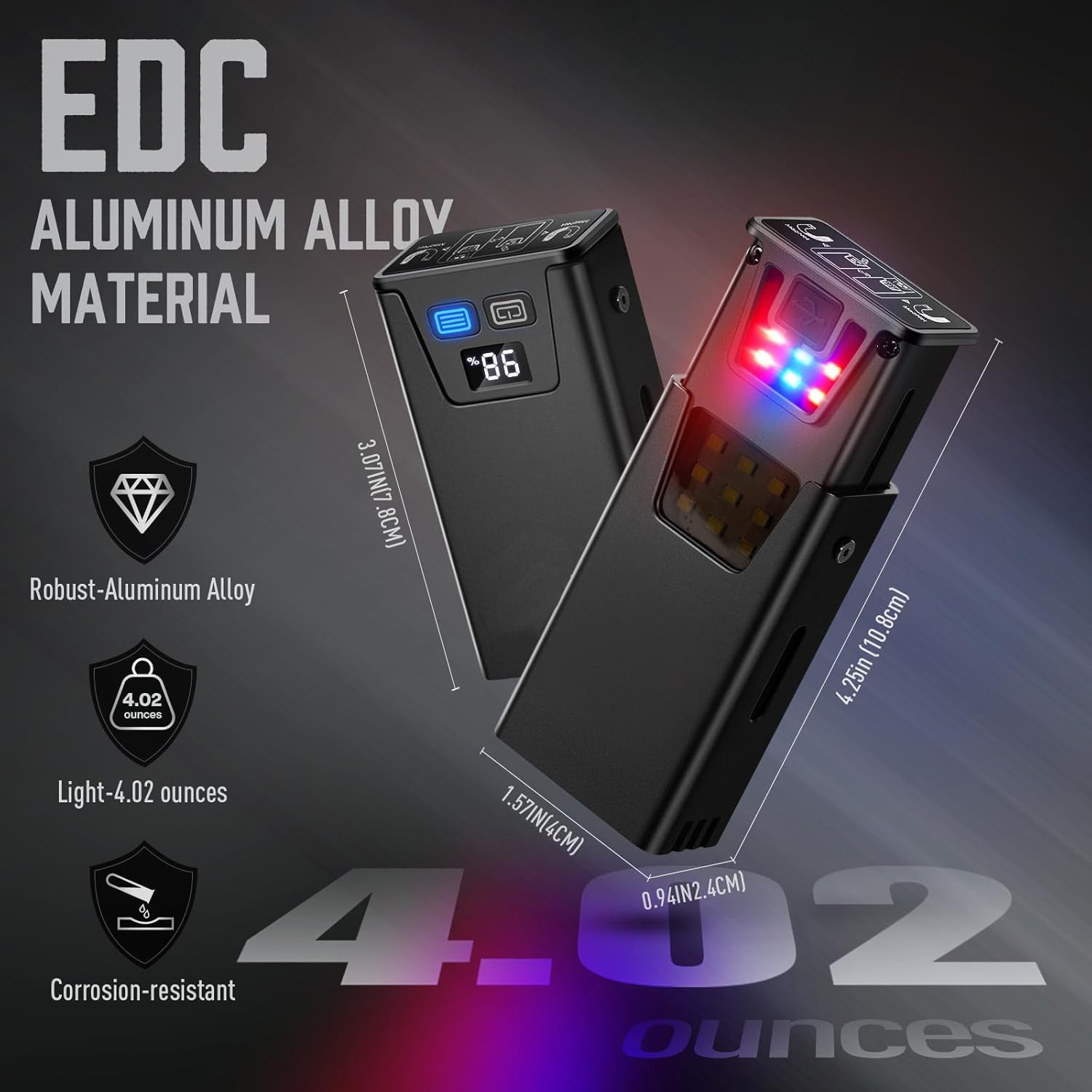 Black Magnetic Flashlight: Spotlight, COB Flood,  Red&Blue Warning