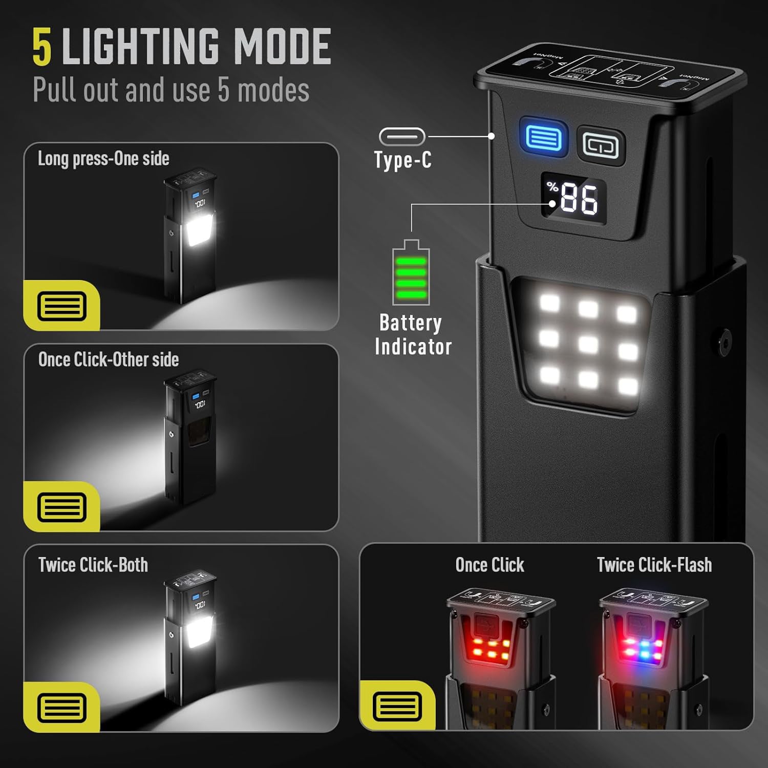 Black Magnetic Flashlight: Spotlight, COB Flood,  Red&Blue Warning