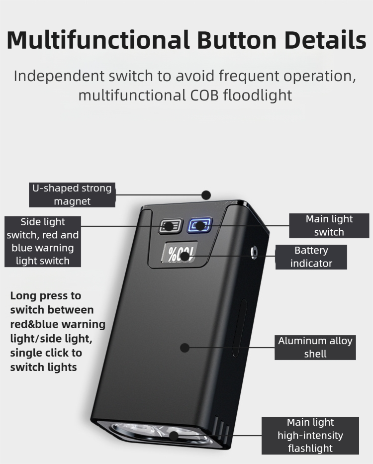 Pink-Blue Magnetic Flashlight: Spotlight, COB Flood,  Red&Blue Warning