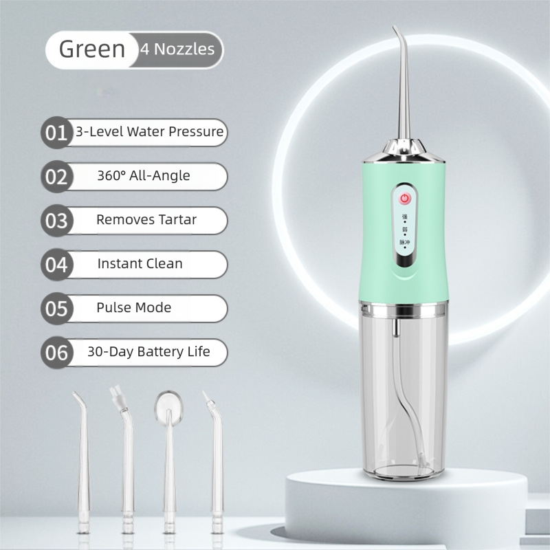Green Cordless Water Flosser, USB Rechargeable with 4 Tips