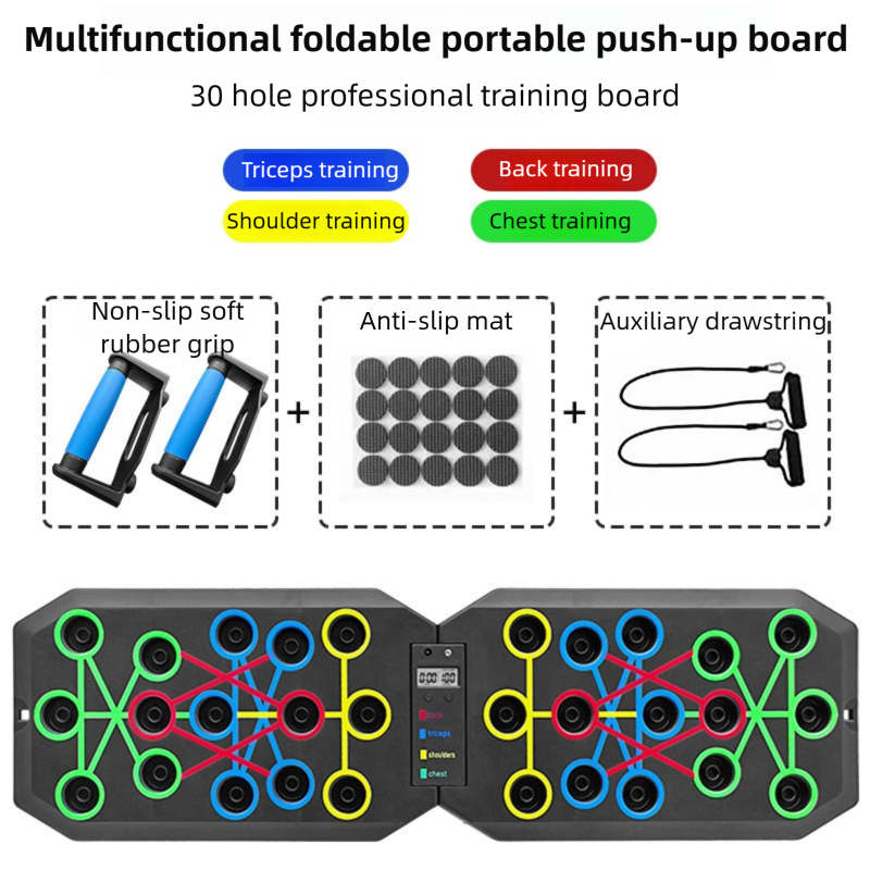 30-Hole Black Foldable Smart Push Up Board with Digital Counter/Timer, Resistance Bands for Full Body Home Workout