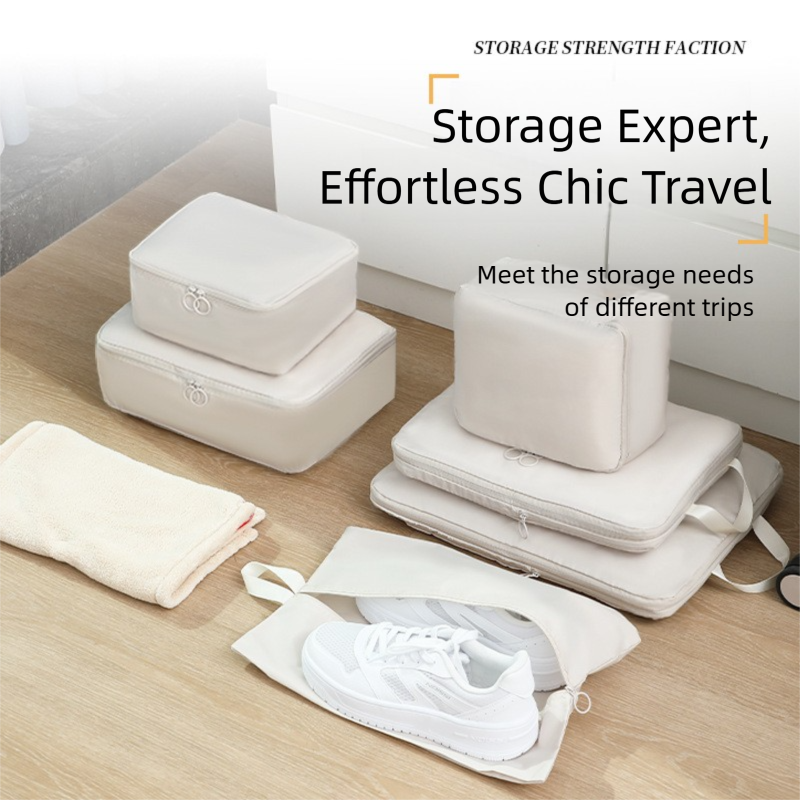 6-Piece Off-White Memory Fabric Travel Compression Packing Cubes Set - Waterproof, Anti-Wrinkle Luggage Organizer & Space Saver