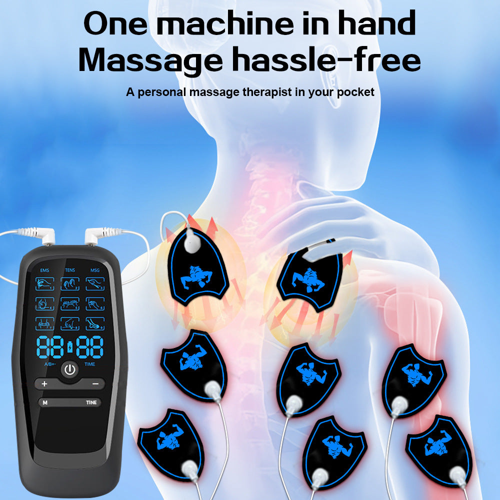 Dual Channel EMS TENS Microcurrent Massager Device with 9 Modes Pain Relief Stimulator & 4 Pairs of Patches