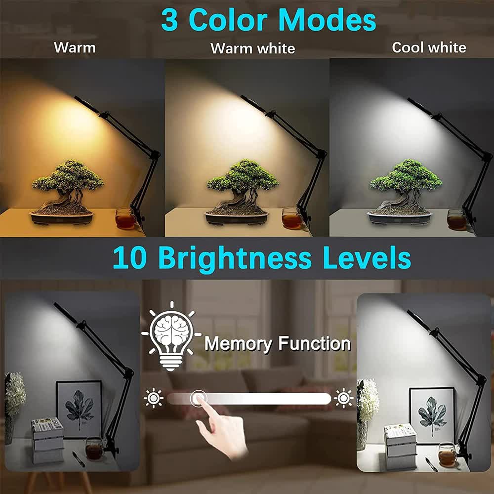 2-in-1 Black LED Magnifier Desk Lamp With Clip - Hands-Free, Dimmable 3-Color Light for Crafts & Workbench