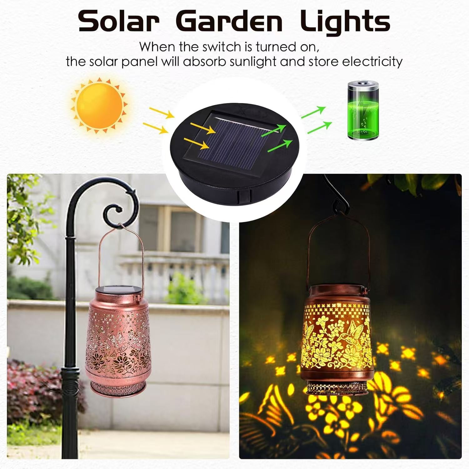 Decorative Solar Hummingbird Lantern(11x11x17CM) - Waterproof Hanging Iron Art Outdoor Projection Light for Garden and Patio (Up to 12 Hrs Illumination)