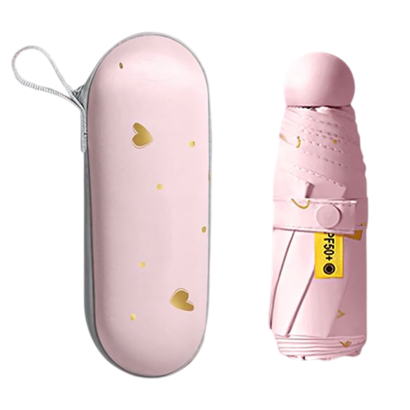 2-Pack Pink Ultra-Compact 5-Fold Waterproof All-Weather Umbrella for Women - Heart Pattern, Black Glue UV Protection, 8-Rib Frame,  Portable Capsule Parasol