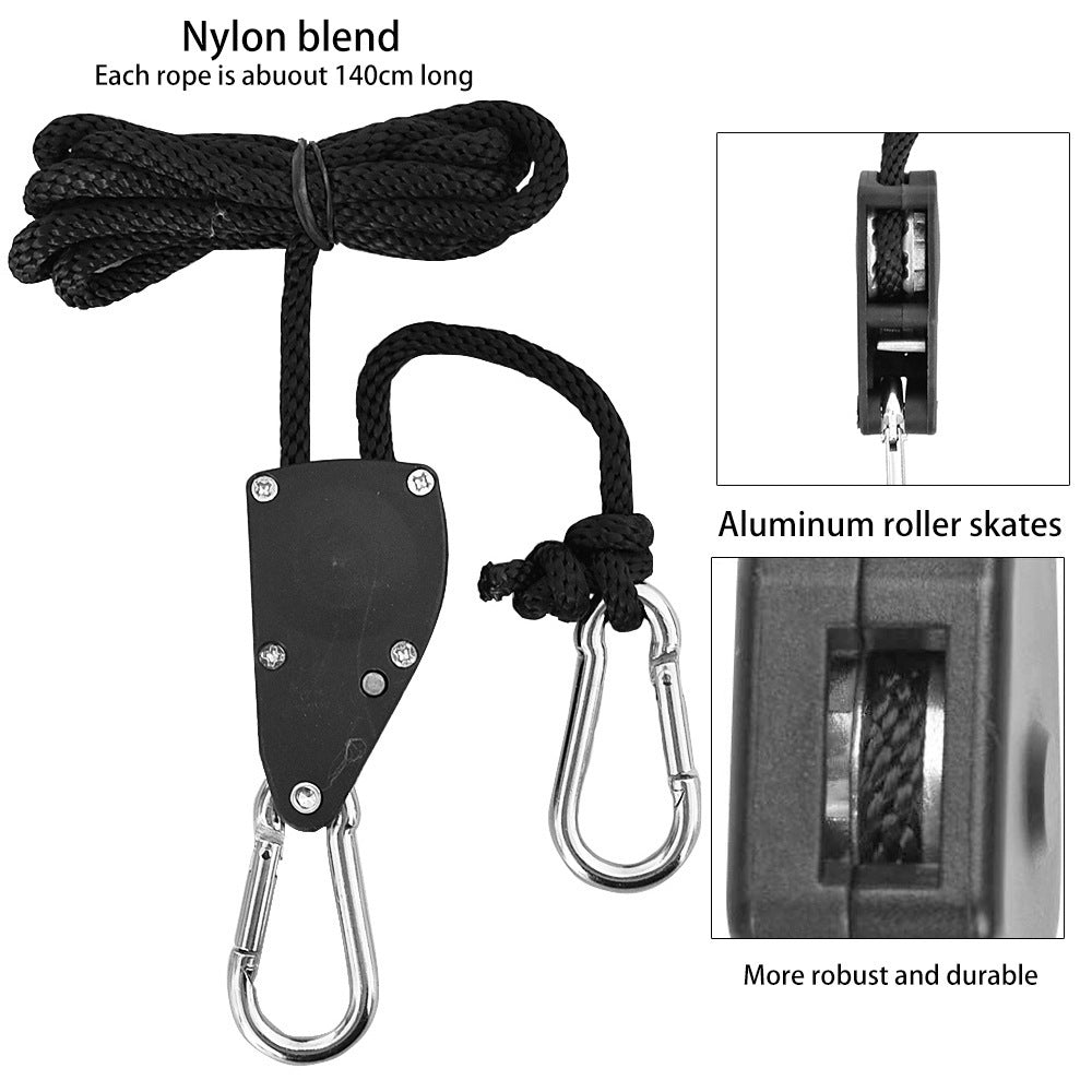 4-Pack 2M Heavy Duty Grow Light Hanger Rope Ratchet - All Black Adjustable Aluminum Pulley System - 50KG+ Load, Auto-Lock Anti-Slip for Tent & Hydroponics