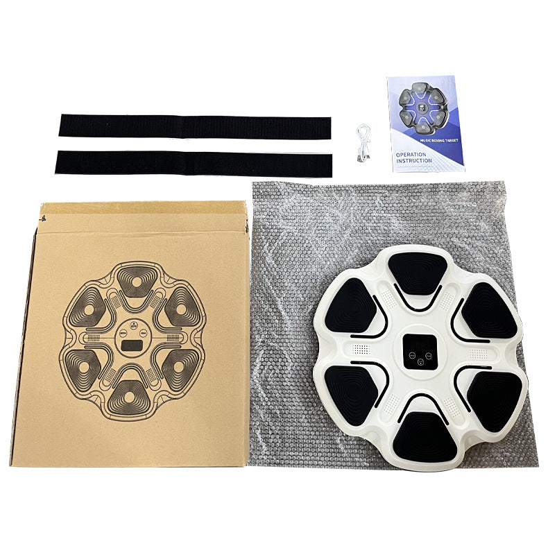 White 6-Target Sensor Smart Bluetooth Music Boxing Kit with Adult Gloves - Electronic Wall Punch Pad, Drill-Free & Detachable, Screen Counter, USB Rechargeable