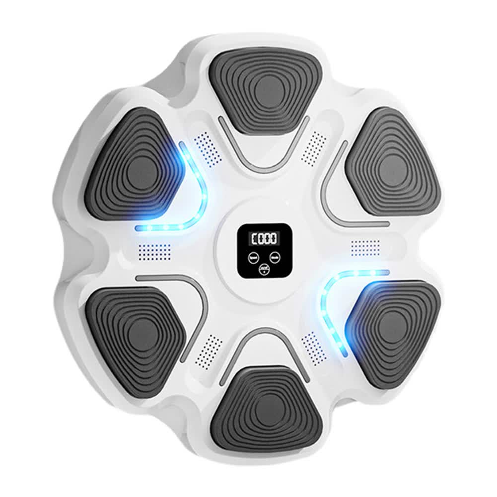 White 6-Target Sensor Smart Bluetooth Music Boxing Kit with Parent-Child Gloves - Electronic Wall Punch Pad, Drill-Free & Detachable, Screen Counter, USB Rechargeable