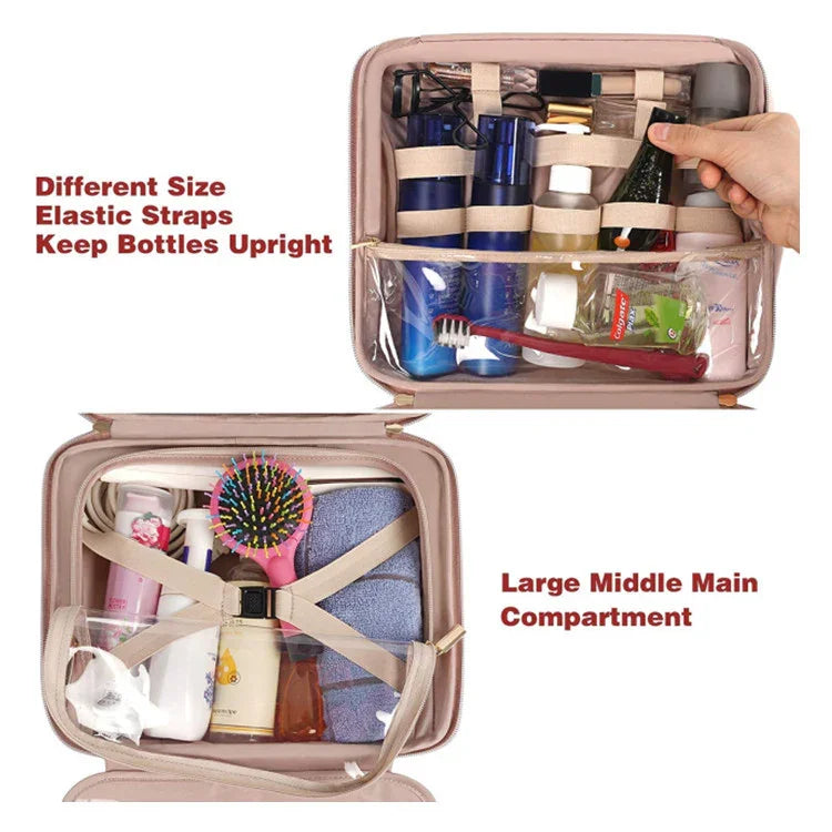Black Portable Large Hanging Womens' Luxury PU Leather Cosmetic Bag -  Waterproof Travel Toiletry Organizer , Easy Visibility & Durable