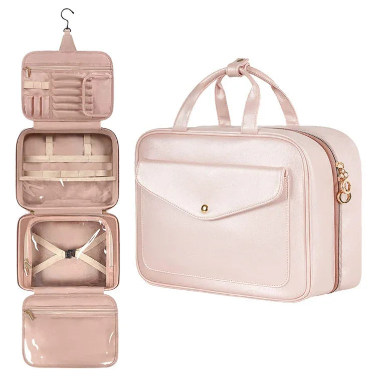 Pink Portable Large Hanging Womens' Luxury PU Leather Cosmetic Bag -  Waterproof Travel Toiletry Organizer , Easy Visibility & Durable
