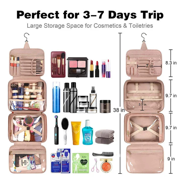 Pink Portable Large Hanging Womens' Luxury PU Leather Cosmetic Bag -  Waterproof Travel Toiletry Organizer , Easy Visibility & Durable