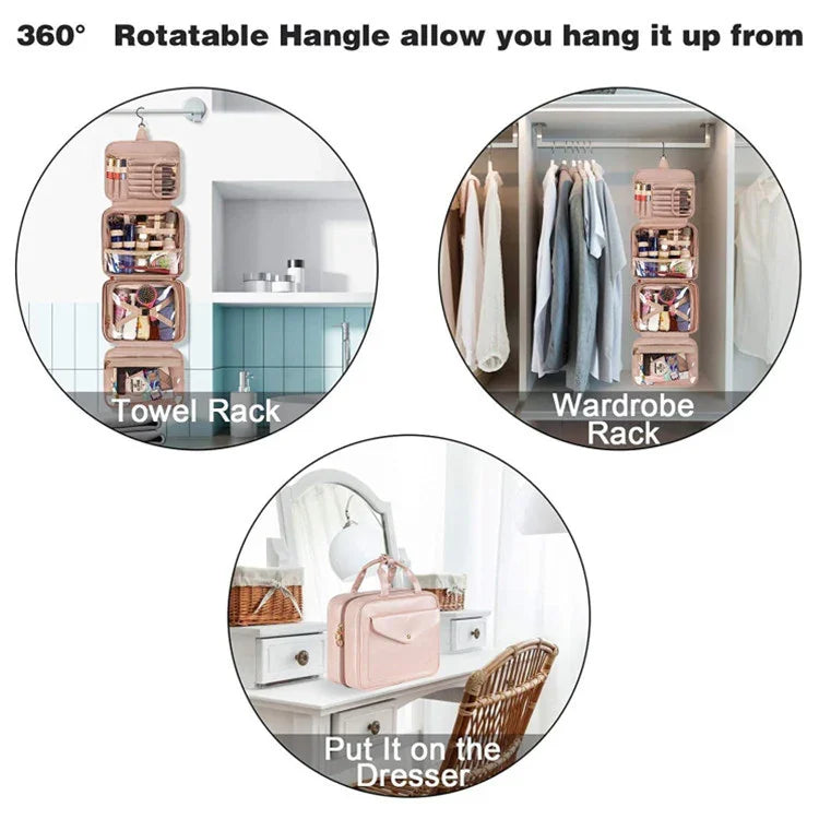 Pink Portable Large Hanging Womens' Luxury PU Leather Cosmetic Bag -  Waterproof Travel Toiletry Organizer , Easy Visibility & Durable