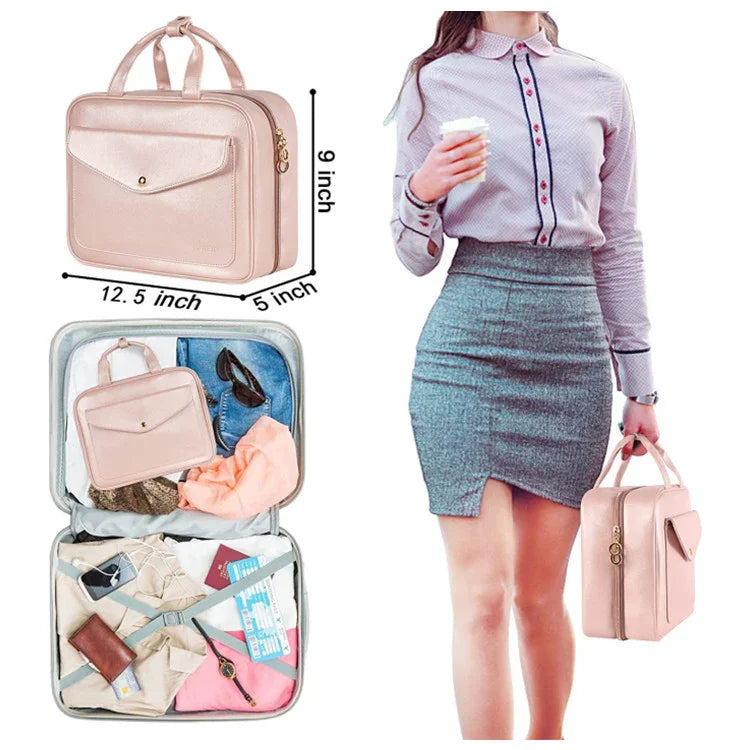 Pink Portable Large Hanging Womens' Luxury PU Leather Cosmetic Bag -  Waterproof Travel Toiletry Organizer , Easy Visibility & Durable