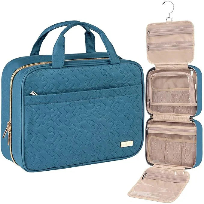 Light Blue Large Capacity Hanging Toiletry Bag for Women(30.5 x 22.5 x 12 cm) - Checked Pattern Waterproof Cosmetic Organizer, Dry/Wet Separation & Multi-Compartment