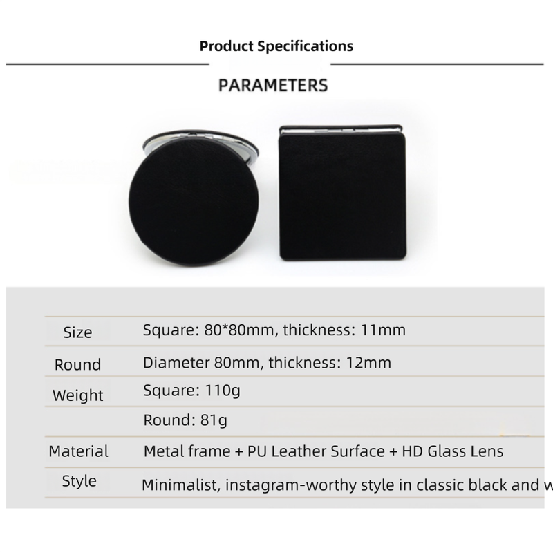 4-Pack Black Jumbo Round Portable Makeup Mirror(8x8CM) - Pocket Cosmetic Mirror for Touch-Ups, PU Leather Cover & Metal Frame