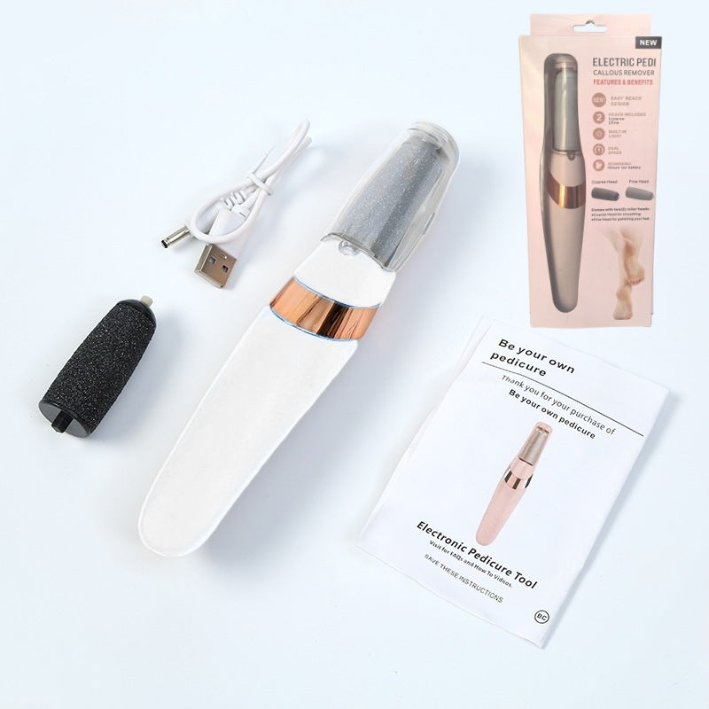 White Wireless Electric Foot Grinder With Two Heads - Automatic Pedicure Tool for Removing Callus and Dead Skin, Portable Small Handheld Design & USB Rechargeable