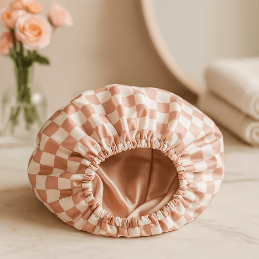 Thickened Double-Layer Pink Checkered Printed Waterproof Shower Cap for Women - Thickened Reusable Bath Hair Cover for Adults