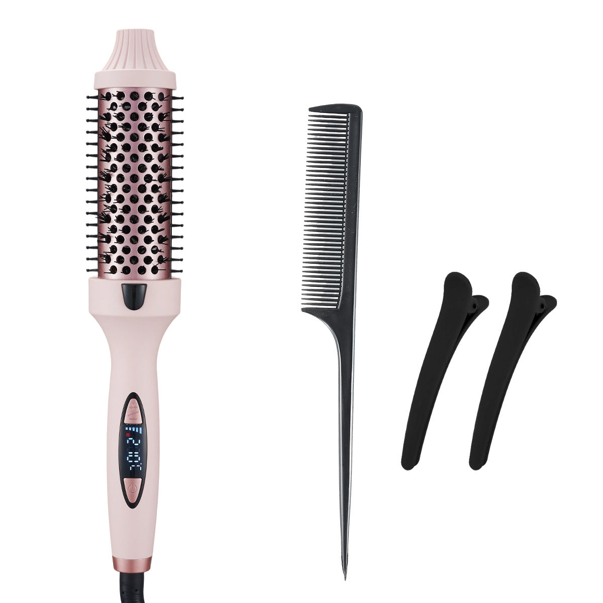 2-in-1 Pink Volumizing Hair Straightening Brush & Curling Iron - Tourmaline Ceramic Heating, With 5 Adjustable Temperature Settings and Anti-Scald Shell