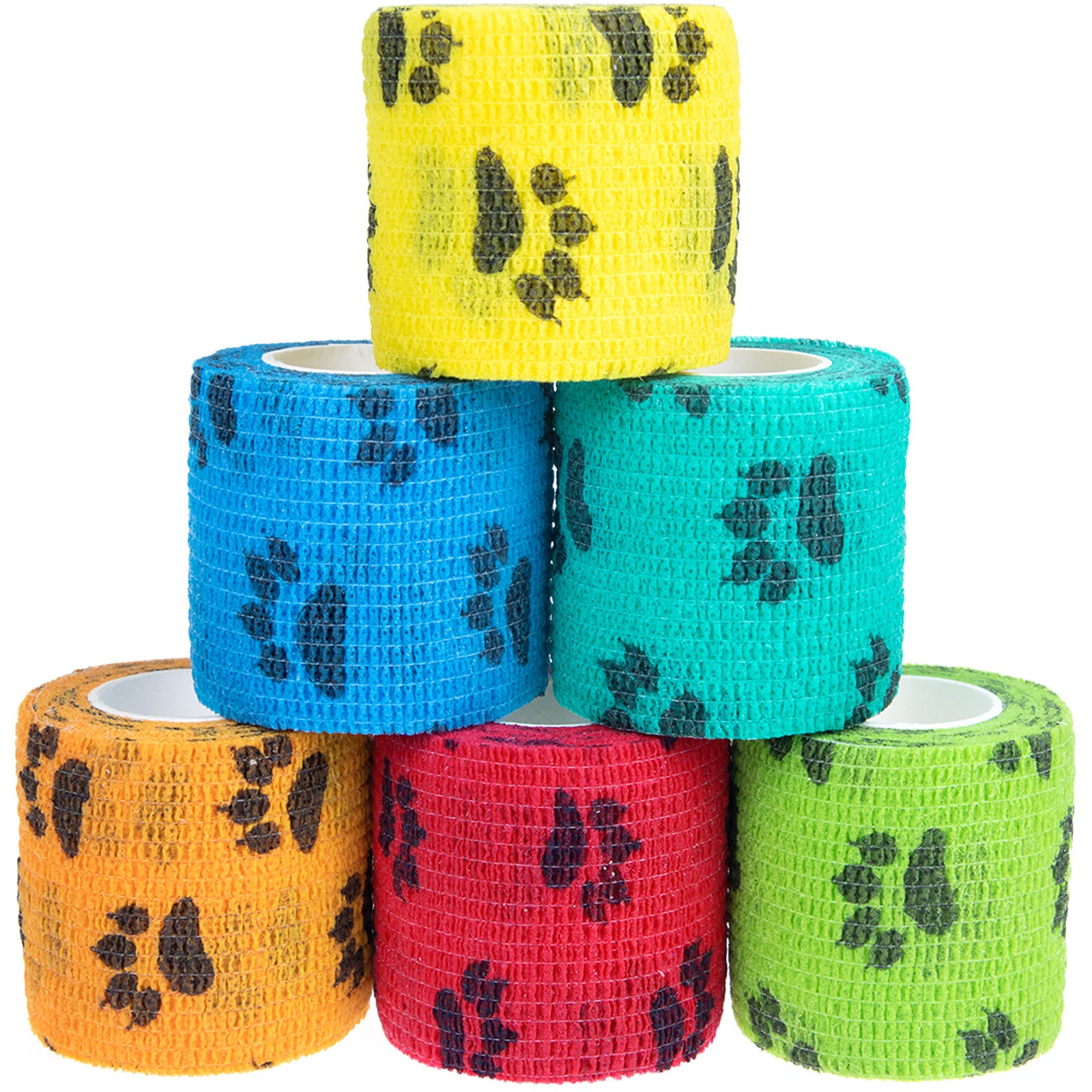 Pet Medical Therapy Self Adhesive Bandage Set(12 Volumes：5CM*4.5M) - Elastic Cute First Aid for Dogs and Cats & Humans, 12 Paw Colors