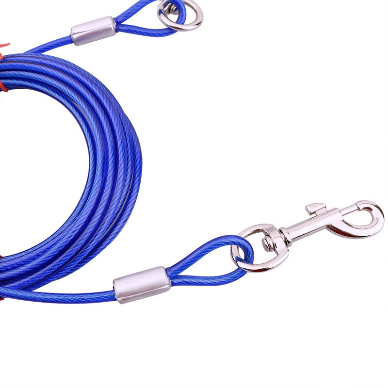 Blue Heavy-Duty Steel Wire Dual-Head Dog Tie-Out Cable Leash(6mm x 5m - 16ft) - with Dual Swivel Hooks for Tethers and Double Dog Walking