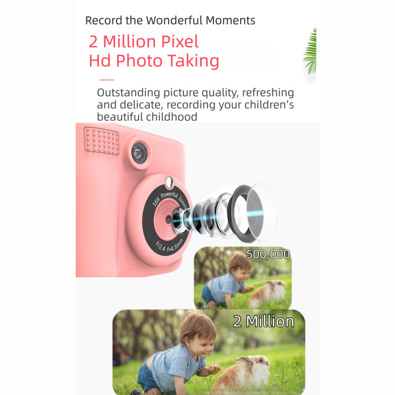 Pink ABS-681 Portable Kids Mini Digital Polaroid with 32GB Card,  3 Rolls Printing Paper & 6 Color Pens - Instant Print Thermal Photo Printer for DIY Fun