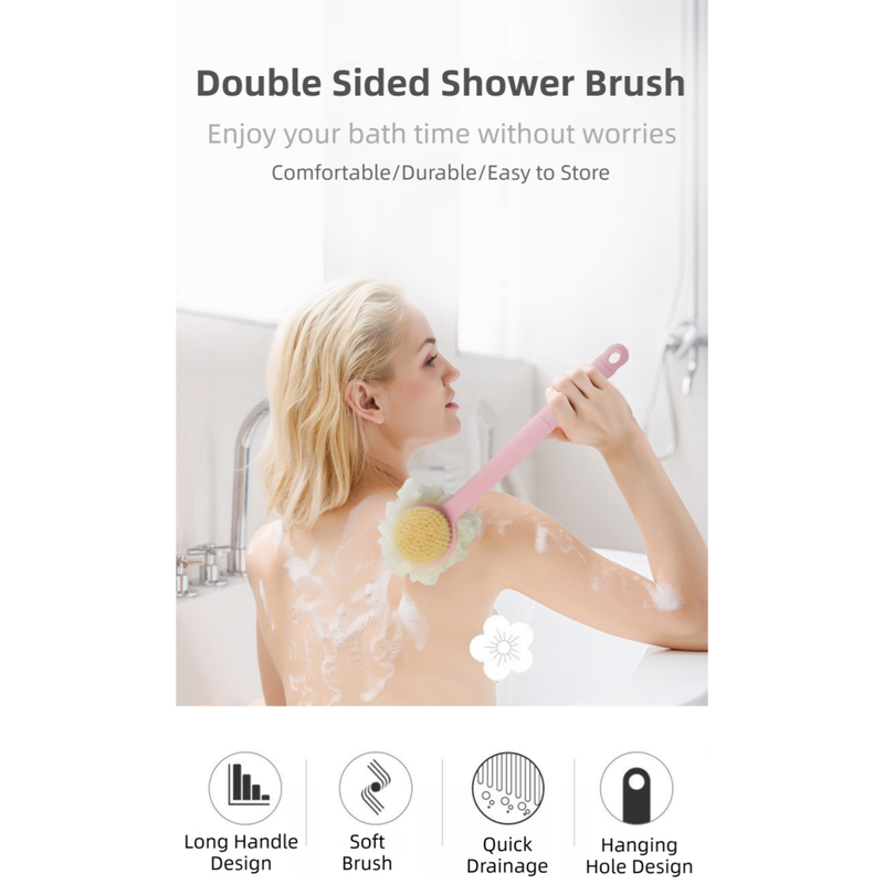 2-Pack Pink 2-in-1 Soft Bristle Long Handle Bath Brush & Shower Pouf Combo - Double-Sided Back Scrubber for Adults & Kids