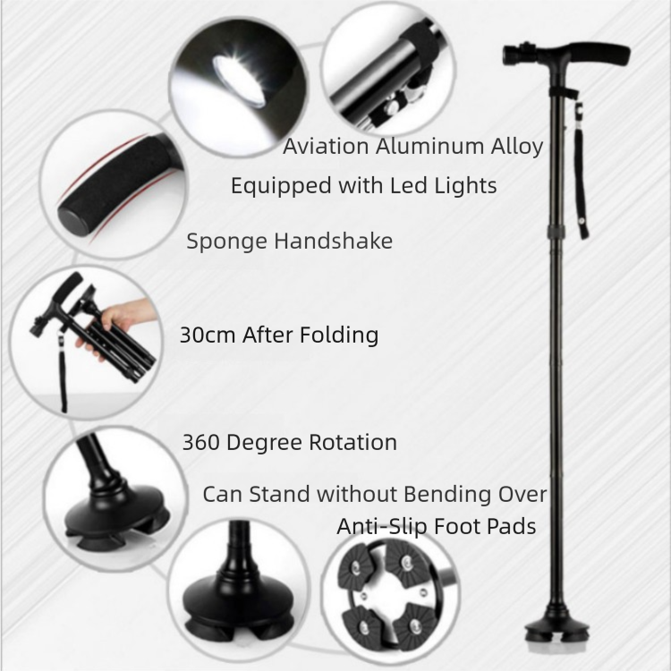 Folding LED Walking Cane with Dual Handle - Adjustable(88-98CM), Anti-Slip 4-Prong Base, and Stand-Up Function for Seniors