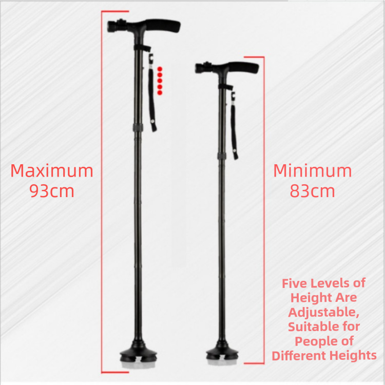 Folding LED Walking Cane with Dual Handle - Adjustable(88-98CM), Anti-Slip 4-Prong Base, and Stand-Up Function for Seniors