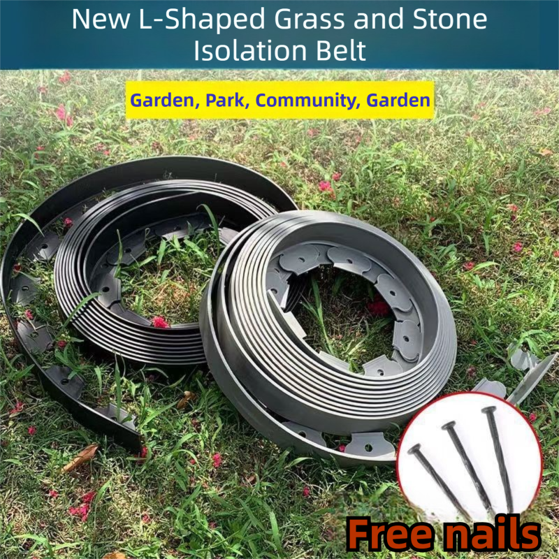 Black L-Shape PE Landscape Edging Roll Kit (10CM Height x 10M Long) - Anti-Root Lawn & Garden Divider with 30 Ground Stakes