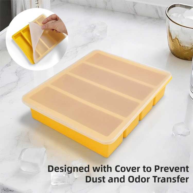 2-Packs Green Flexible 4-Grid Silicone Long Ice Cube Tray with Lid - Easy Release Reusable Mold for Narrow Bottles & Cocktails