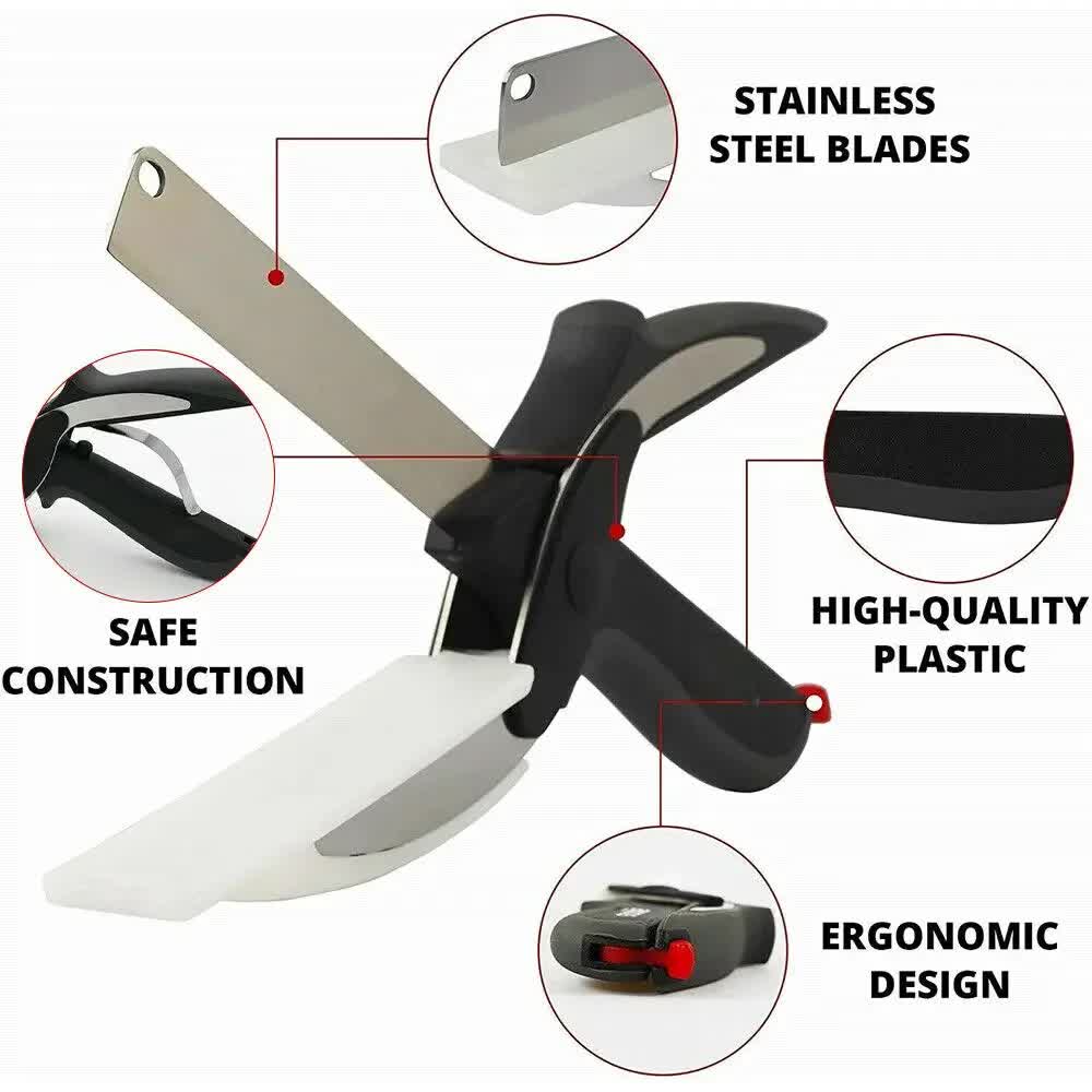 2-in-1 Ingenious Cutter Food Chopper & Scissor for Kitchen Versatile Use - 420 Stainless Steel Blade & Cutting Board Base,  with Safety Lock