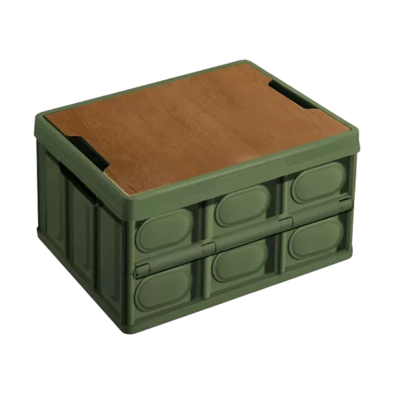 Green Collapsible Medium Standard Storage Box with Wooden Table Top(42x28x23CM) - Car Trunk Organiser for Australian Camping & Home Use