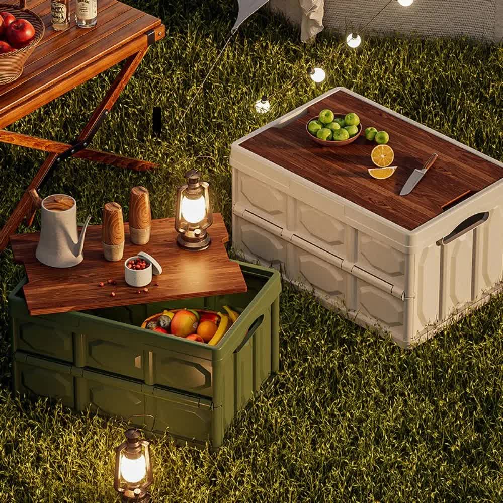 Green Collapsible Medium Standard Storage Box with Wooden Table Top(42x28x23CM) - Car Trunk Organiser for Australian Camping & Home Use