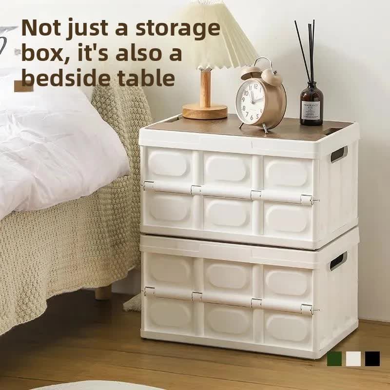 White Collapsible Medium Handle Storage Box with Wooden Table Top(42x28x23CM) - Car Trunk Organiser for Australian Camping & Home Use