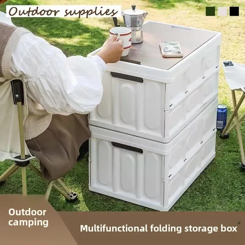 Black Collapsible Medium Handle Storage Box with Wooden Table Top(42x28x23CM) - Car Trunk Organiser for Australian Camping & Home Use