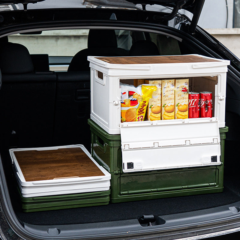 Green Collapsible Medium Handle Storage Box with Wooden Table Top(42x28x23CM) - Car Trunk Organiser for Australian Camping & Home Use