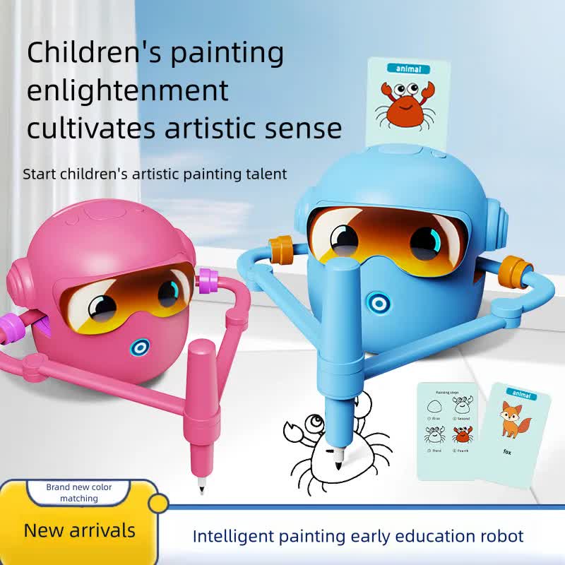 Pink smart Drawing & Learning Robot Toy with 100 Cards - Drawing & Vocabulary Educational Companion for Kids, Quick Card-Insert Recognition