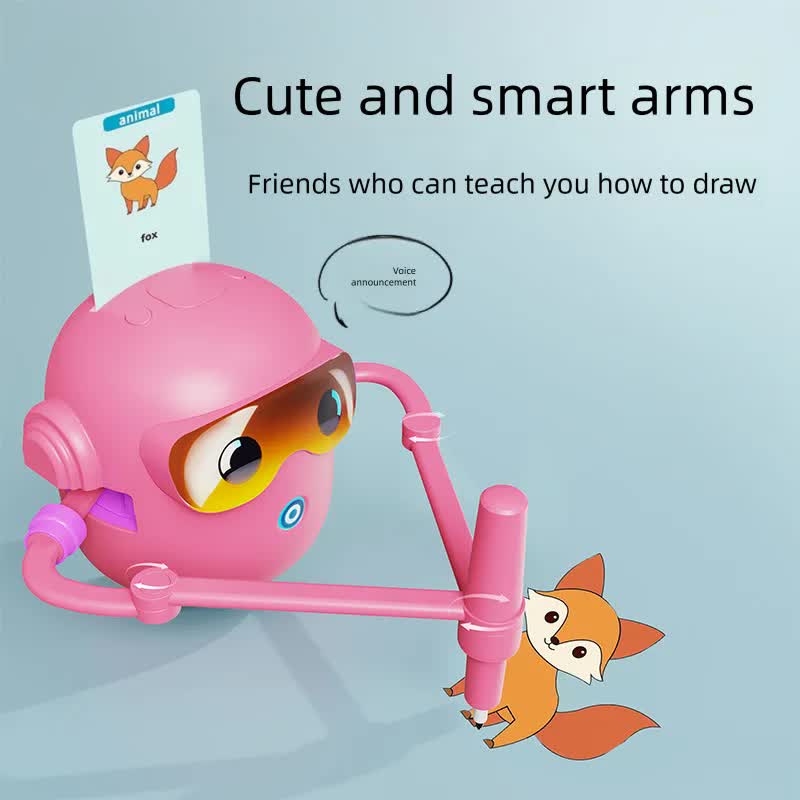 Pink smart Drawing & Learning Robot Toy with 100 Cards - Drawing & Vocabulary Educational Companion for Kids, Quick Card-Insert Recognition
