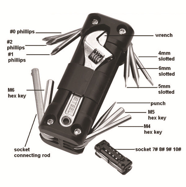 Black Compact 16-in-1 Bicycle & Motorcycle Repair Multi-Tool with Adjustable Wrench & Socket Set