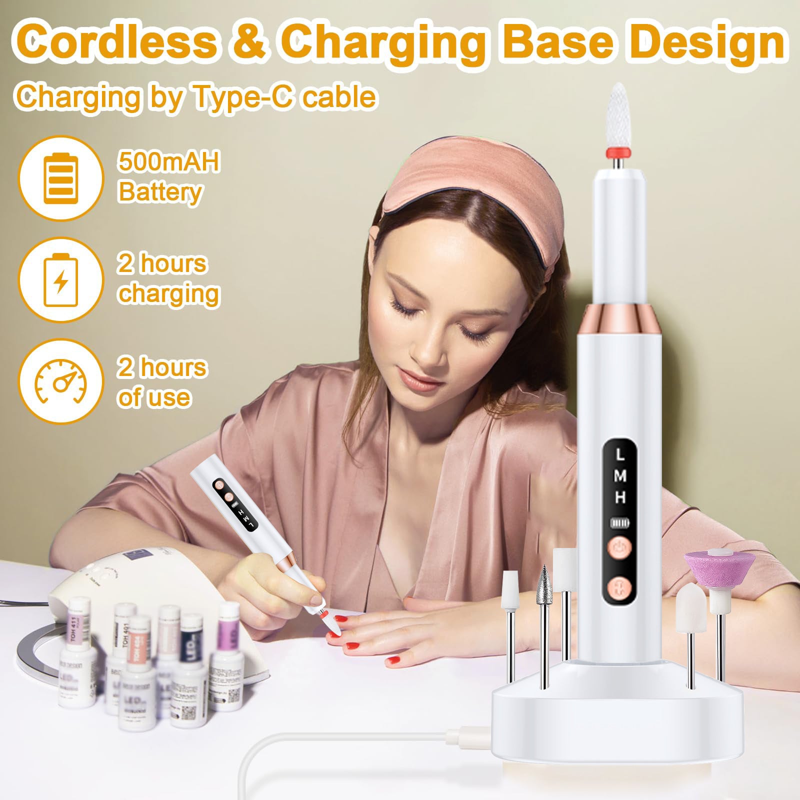 White Cordless Electric Nail Drill Kit - Portable Manicure Pedicure Polisher with 12 Bits